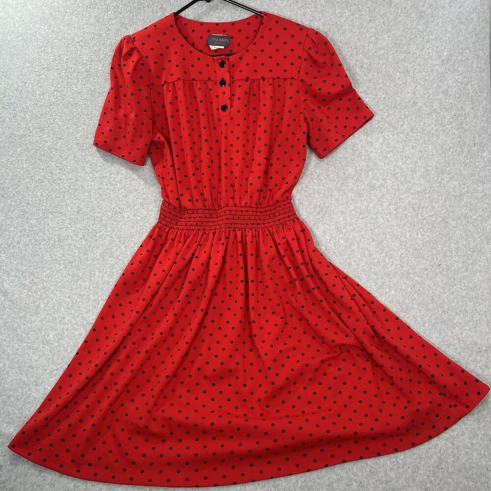 Vtg Tina Barrie red Polka Dot 50's Party Dress Swing Rockabilly  10